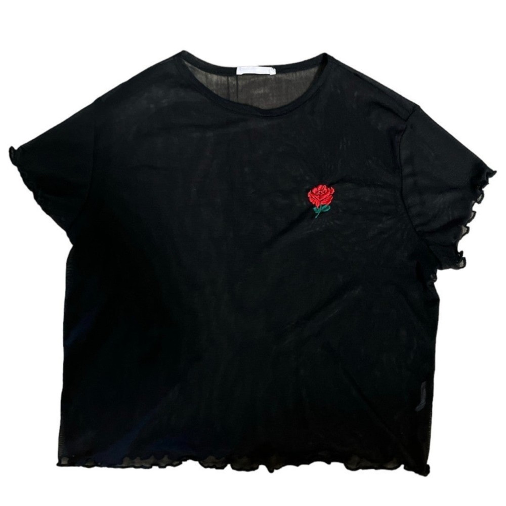 Tiny Willow Women's Black Sheer Rose Shirt Size Small Ruffle Short Sleeve Top